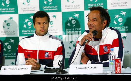 Trinec, Czech Republic. 12th July, 2016. Tennis player Jo-Wilfried Tsonga, left, and non playing captain Yannick Noah, members of the French Davis Cup team, attend a news conference on Tuesday, July 12, 2016 in Trinec, Czech Republic, prior to the Davis Cup quarterfinal match Czech Republic vs France. © Petr Sznapka/CTK Photo/Alamy Live News Stock Photo