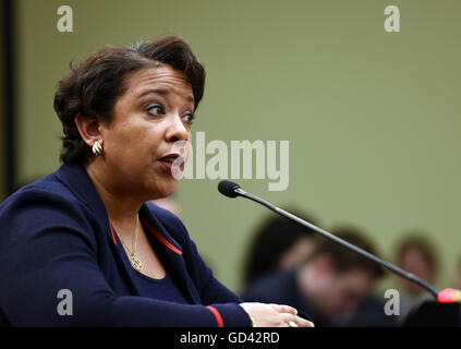 Washington, DC, USA. 12th July, 2016. U.S. Attorney General Loretta Lynch testifies before a House Judiciary Committee hearing on Capitol Hill in Washington, DC, the United States, July 12, 2016. U.S. Attorney General Loretta Lynch on Tuesday steadfastly defended her decision not to charge Hillary Clinton in her email investigation, but also refused to discuss details of the case despite Congressional Republicans' grilling. Credit:  Yin Bogu/Xinhua/Alamy Live News Stock Photo