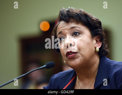 Washington, DC, USA. 12th July, 2016. U.S. Attorney General Loretta Lynch testifies before a House Judiciary Committee hearing on Capitol Hill in Washington, DC, the United States, July 12, 2016. U.S. Attorney General Loretta Lynch on Tuesday steadfastly defended her decision not to charge Hillary Clinton in her email investigation, but also refused to discuss details of the case despite Congressional Republicans' grilling. Credit:  Yin Bogu/Xinhua/Alamy Live News Stock Photo