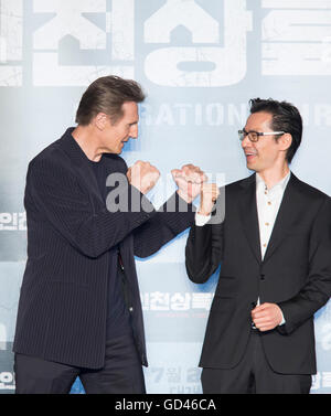 Liam Neeson and John H. Lee, Jul 13, 2016 : Hollywood actor Liam Neeson (L) and movie director John H. Lee pose during a press conference for their new movie, 'Operation Chromite' in Seoul, South Korea. Neeson plays the role General Douglas McArthur, who led the U.N. Command during the 1950-53 Korean War, in the South Korean movie to be released in North America on August 12, 2016. (Photo by Lee Jae-Won/AFLO) (SOUTH KOREA) Stock Photo