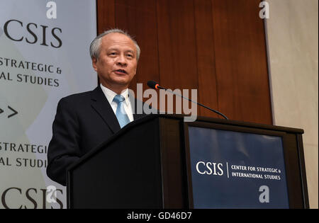 Washington, DC, USA. 12th July, 2016. Chinese Ambassador to the United States Cui Tiankai speaks at the Center for Strategic and International Studies, in Washington, DC, capital of the United States, July 12, 2016. Diplomatic efforts to solve the South China Sea disputes will not be blocked by 'a scrap of paper' from an arbitral tribunal nor by 'a fleet of aircraft carriers,' Chinese Ambassador to the United States Cui Tiankai said Tuesday. © Bao Dandan/Xinhua/Alamy Live News Stock Photo