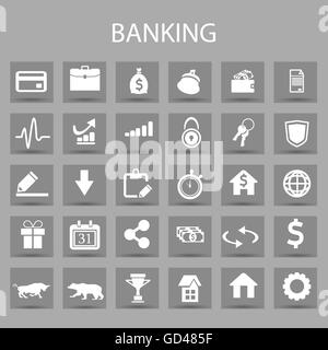 Vector flat icons set and graphic design elements. Illustration with banking, finance outline symbols. Stock Vector