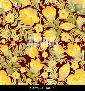 abstract yellow seamless floral ornament on brown background Stock Vector