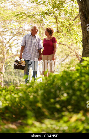 Old couple, elderly man and woman in park. Active retired seniors holding hands and walking in park with a picnic basket Stock Photo