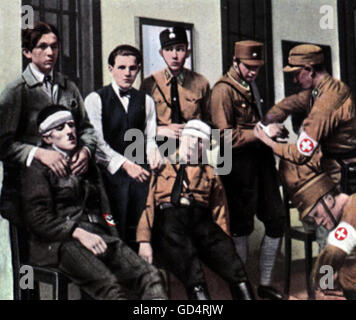 Nazism / National Socialism, organisations, Sturmabteilung (SA), SA-Men injured in a street fighting, 1932, coloured photograph, cigarette card, series 'Die Nachkriegszeit', 1935, Additional-Rights-Clearences-Not Available Stock Photo