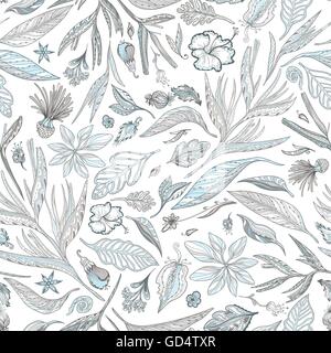Creative Vector Pattern with Tropical Plants in Pastel Colors, Seamless texture with exotic eastern leaves and flowers in white, brown and blue Stock Vector