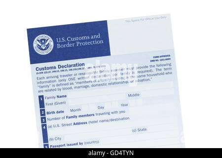 US customs declaration form Stock Photo