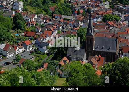 Aerial picture with Protestant Lutheran Town Church, Biedenkopf City, district of Marburg-Biedenkopf, Hesse, Germany Stock Photo