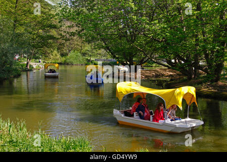 Gondoletta boats, Kutzer pond, Luisenpark, Mannheim, Baden-Wurttemberg, Germany Stock Photo