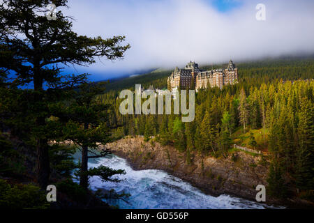 View of Fairmont Banff Springs Hotel from surprise corner in Banff, Alberta, Canada Stock Photo