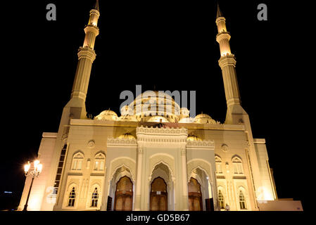 The Al Noor Mosque is a mosque in Sharjah. It is located on the Khaled lagoon at the Buhaira Corniche. Stock Photo