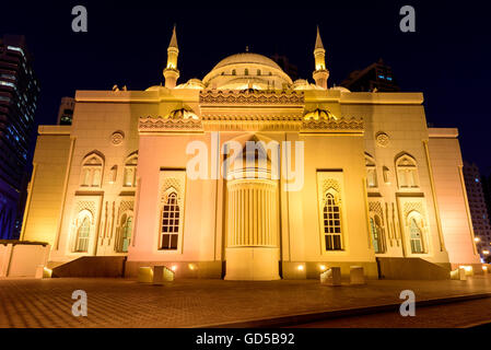 The Al Noor Mosque is a mosque in Sharjah. It is located on the Khaled lagoon at the Buhaira Corniche. Stock Photo