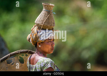 Tharu woman in nepali terai wearing traditional clothing to go fishing Stock Photo