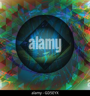 Abstract design with big circle, square and colored triangles. Digital vector image Stock Vector