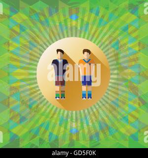 Abstract green design with two football and soccer players and colored triangles. Digital vector image Stock Vector