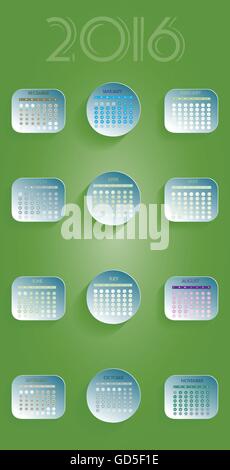 2016 Calendar, with abstract floral design on green background. Digital vector image Stock Vector