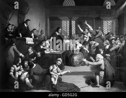 Salem Witch Trials. 'The Trial of George Jacobs of Salem for Witchcraft' by Thompkins H. Matteson, 1855. Stock Photo