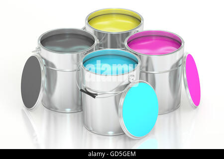 Cans with color paint, CMYK concept. 3D rendering isolated on white background Stock Photo