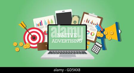 native advertising concept with marketing media and tools illustrated in laptop vector Stock Vector