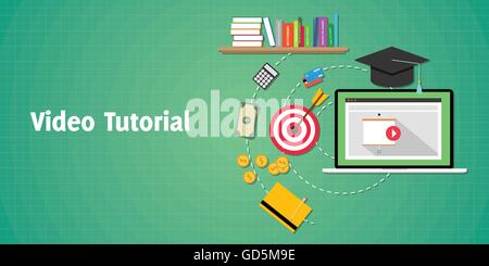 video tutorials concept with laptop video play and goals vector graphic illustration Stock Vector