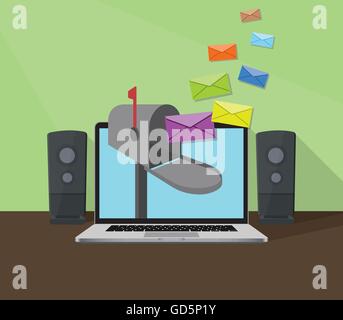 receiving email with laptop and inbox sign with envelope flying to box vector graphic Stock Vector