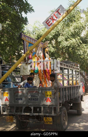 Goddess Durga idol in a truck Stock Photo