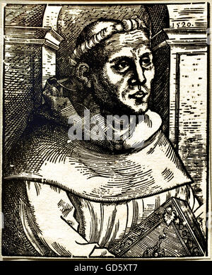 Martin Luther as an Augustinian monk Lucas Cranach the Elder 1472-1553 Wittenberg 1520 ( Martin Luther 1483 – 1546 Protestant ) Woodcut  Germany ( German professor of theology and a key figure in the Protestant Reformation ) Stock Photo