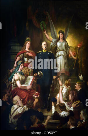 The apotheosis was the occasion of Bismarck's dismissal. The Chancellor is surrounded by allegorical figures Viktoria, Germania and the Muse Clio, who has pitched in their chronicle the year of Empire 1871st Representatives of the German people are rejoicing in the foreground: citizens and farmers, old people and children, a painter and a Corps student. 1890 Ludwig Rudow  1850-1907 German Germany Stock Photo