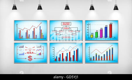 six screen on wall in room with business stock chart Stock Photo