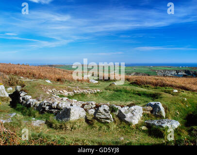 Hut O, one of a number of Iron Age hut circles at Ty Mawr West, Holyhead Mountain.Anglesey, North Wales, UK Stock Photo