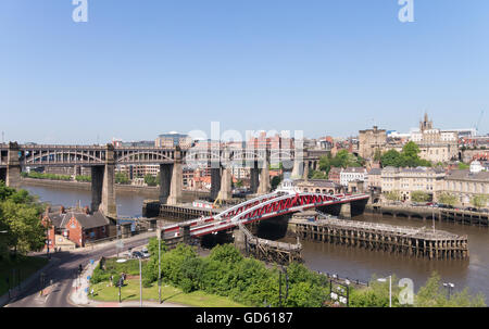 The High Level and Swing bridges between Gateshead and Newcastle, Tyne and Wear, England, UK Stock Photo