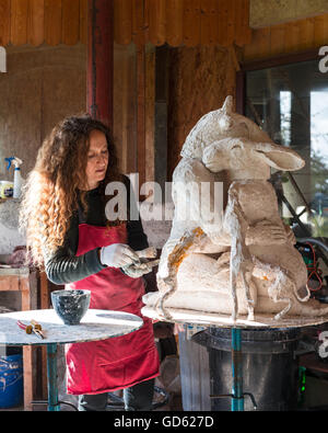 Sophie Ryder working on Lady-Hares in her studio