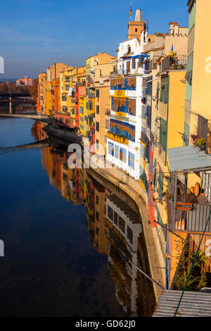 Houses on the River Onyar, Girona, Catalonia, Spain Stock Photo
