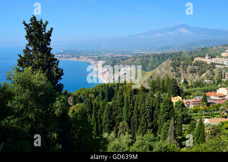 View of Mount Etna and east coastline from Taormina, Sicily, Italy Stock Photo