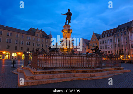 Augsburg, Rathausplatz, Augustus fountain, Augustusbrunnen, Town Hall Square, Romantic Road, Romantische Strasse, Swabia, Bavaria, Germany, Europe Stock Photo