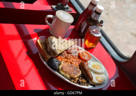 Full English breakfast served on the double decker cafe bus. Hastings. East Sussex, England. UK Stock Photo