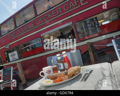 Full English breakfast served from the double decker cafe bus. Hastings. East Sussex, England. UK Stock Photo
