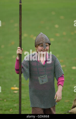 Schoolgirl dressed up as a Norman soldier. England. UK Stock Photo