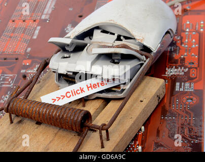 Computer mouse caught in a trap, with the bait Click here in its mouth. Stock Photo