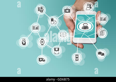 Digital and mobile healthcare concept with hand holding smart phone Stock Photo