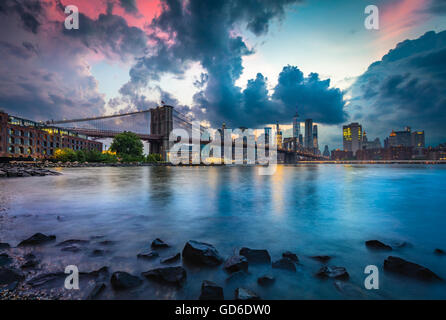 The Brooklyn Bridge in New York City is one of the oldest suspension bridges in the United States Stock Photo