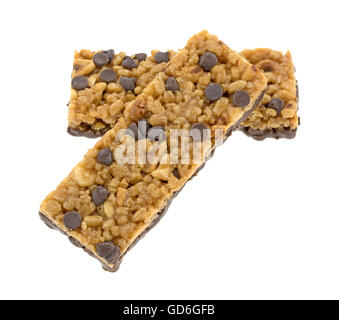 Two chocolate chip with peanuts protein bars isolated on a white background. Stock Photo
