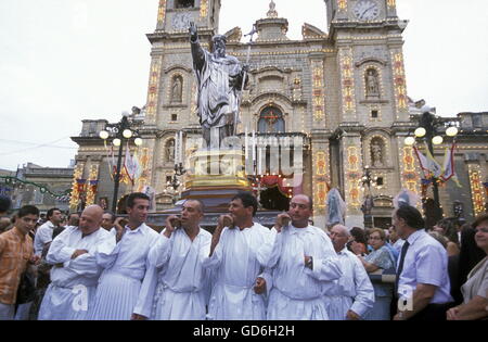 The traditional prozession of St Philip at the Church St Philip in the Village of Zebbug on Malta in Europe. Stock Photo