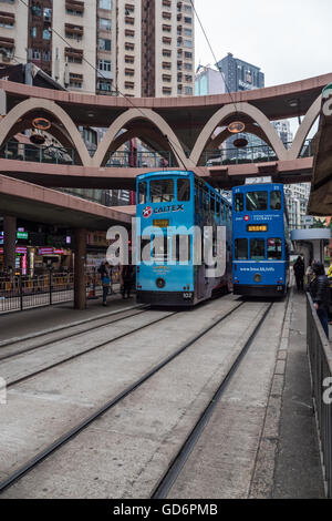 City Tram or Ding Ding on Yee Wo Street Hong Kong China Stock Photo