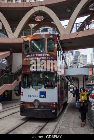 City Tram or Ding Ding on Yee Wo Street Hong Kong China Stock Photo