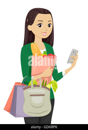 Illustration of a Teenage Girl Using a Shopping App While Buying Groceries Stock Photo