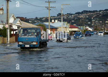 Traffic on flooded Bay View Road, South Dunedin floods, Dunedin, South Island, New Zealand Stock Photo