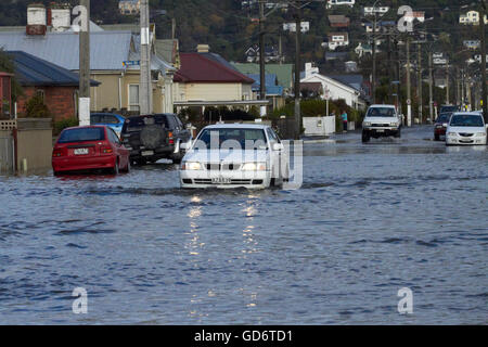 Traffic on flooded Bay View Road, South Dunedin floods, Dunedin, South Island, New Zealand Stock Photo