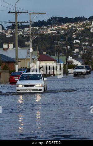 Traffic on flooded Bay View Road, South Dunedin floods, Dunedin, South Island, New Zealand Stock Photo