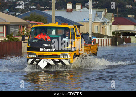 Truck on flooded Bay View Road, South Dunedin floods, Dunedin, South Island, New Zealand Stock Photo